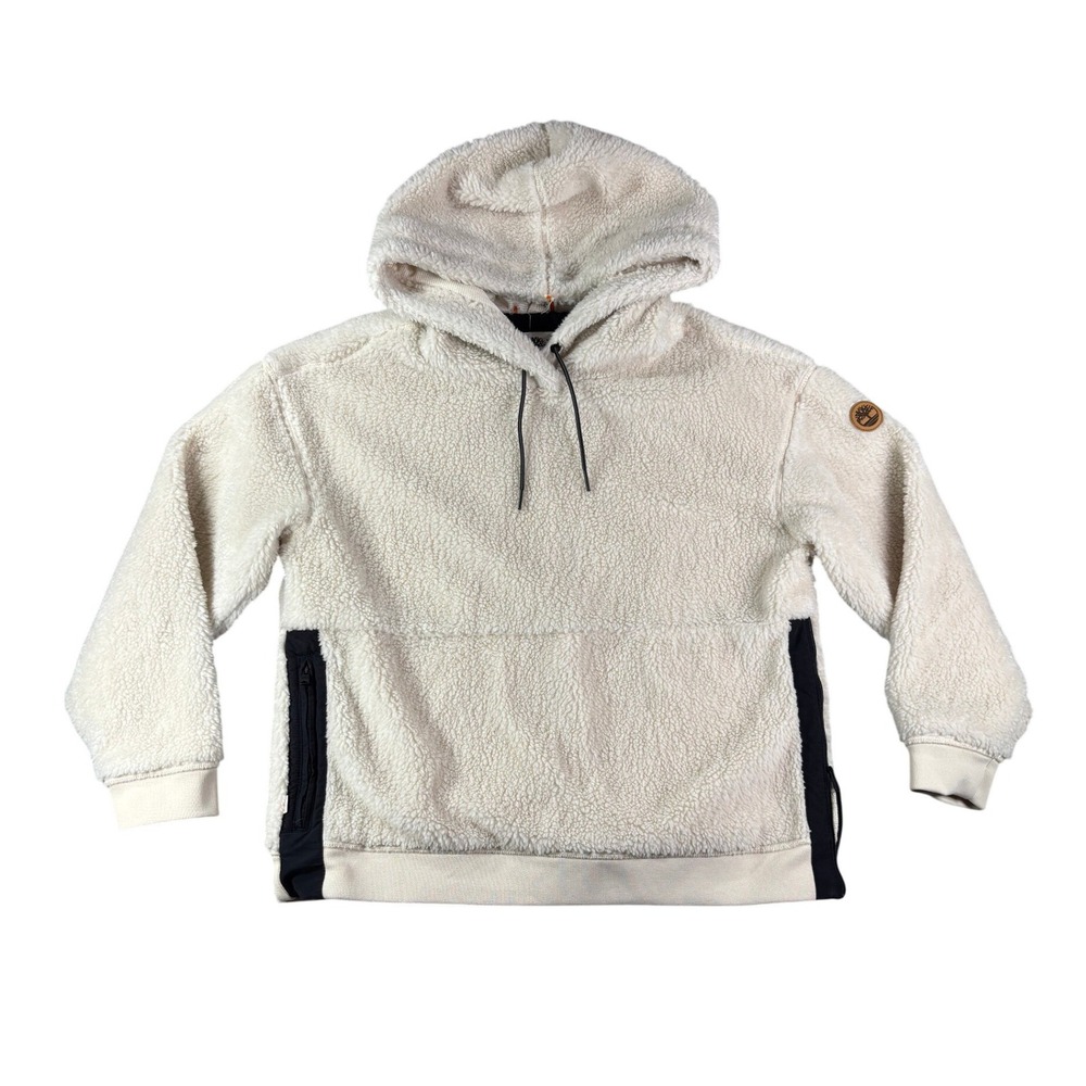 Timberland Sherpa Fleece Hoodie Cream Black Side Zip Pullover Mens Medium